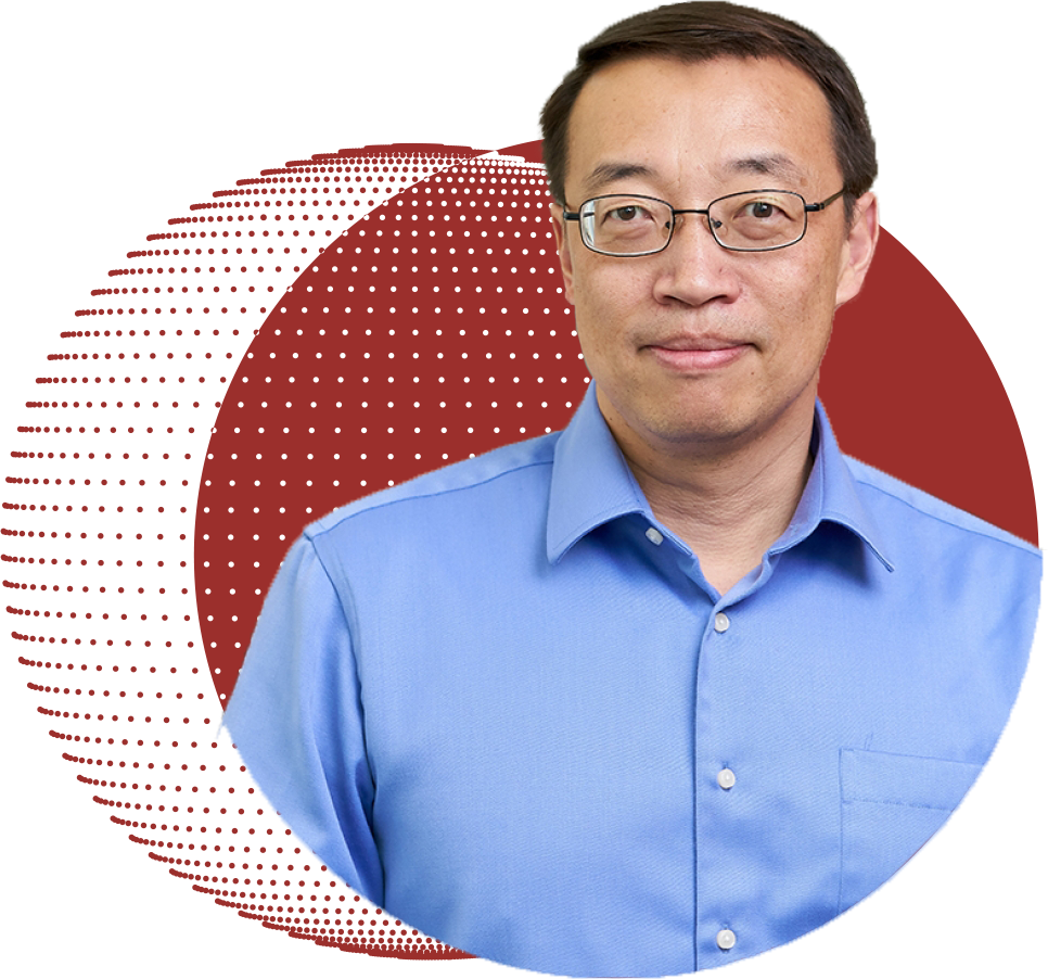 An image incorporating a photo of Chris Xu with geometric, red circular graphics